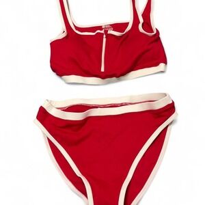 red sporty bikini set ❤️🔥 contrast trim two piece with zip front top